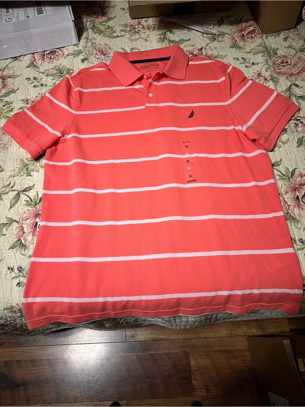 Nautica Coral and White Striped Polo Shirt
